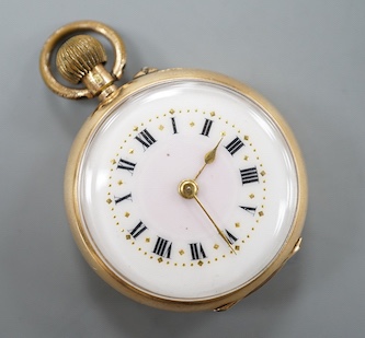 A continental 14k yellow metal, rose cut diamond and enamel set open faced keyless fob watch, decorated with a pansy, case diameter 29mm, gross weight 17.8 grams.